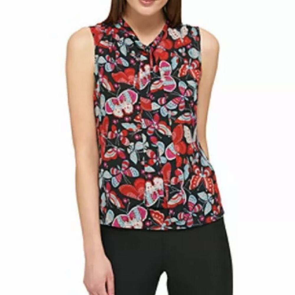 NWT Tommy Hilfiger butterfly print tie neck top‎